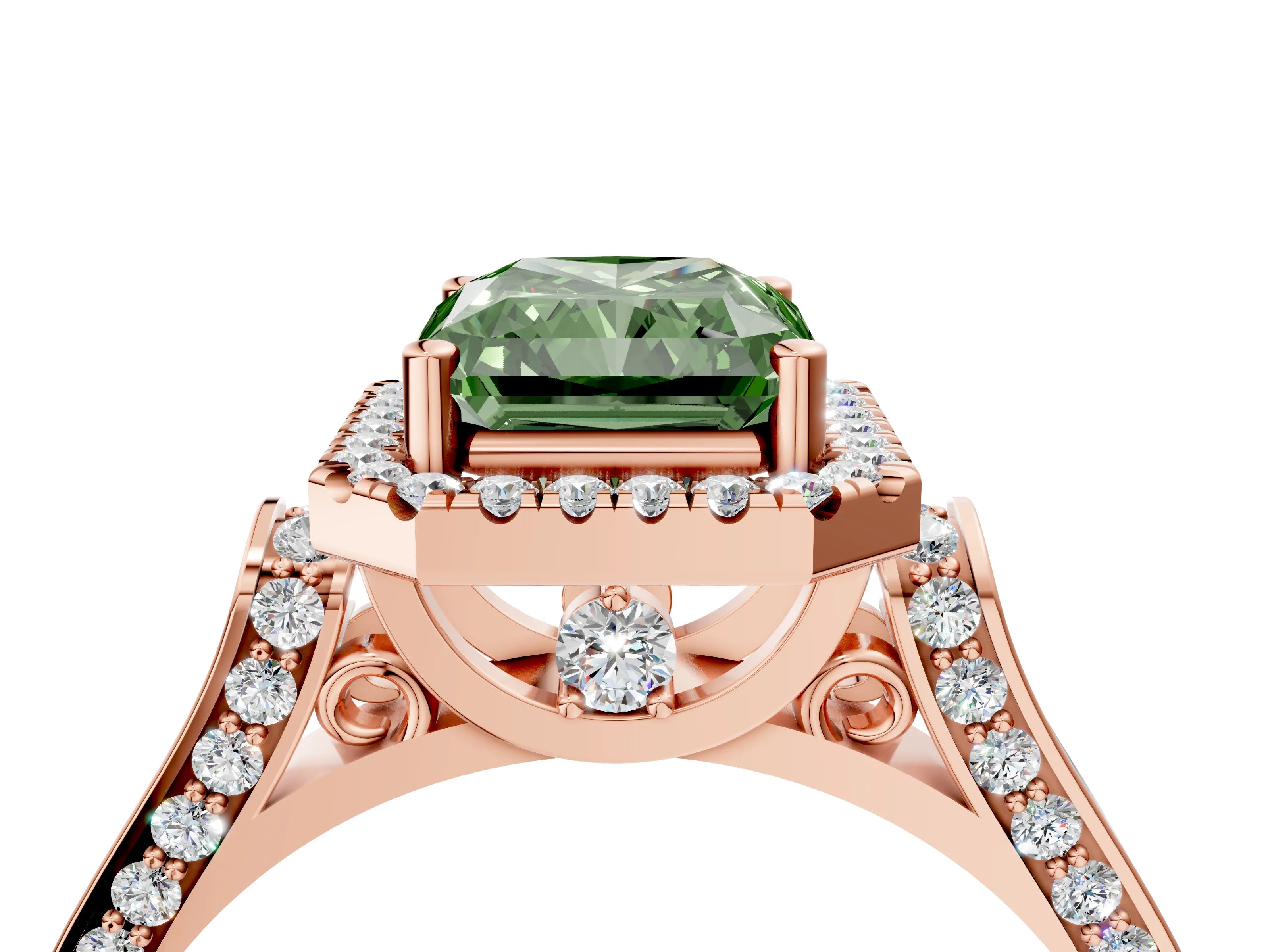 Rose gold Fancy Green Radiant Cut Halo Round Diamond Twist Band with Four-Prong Setting_4