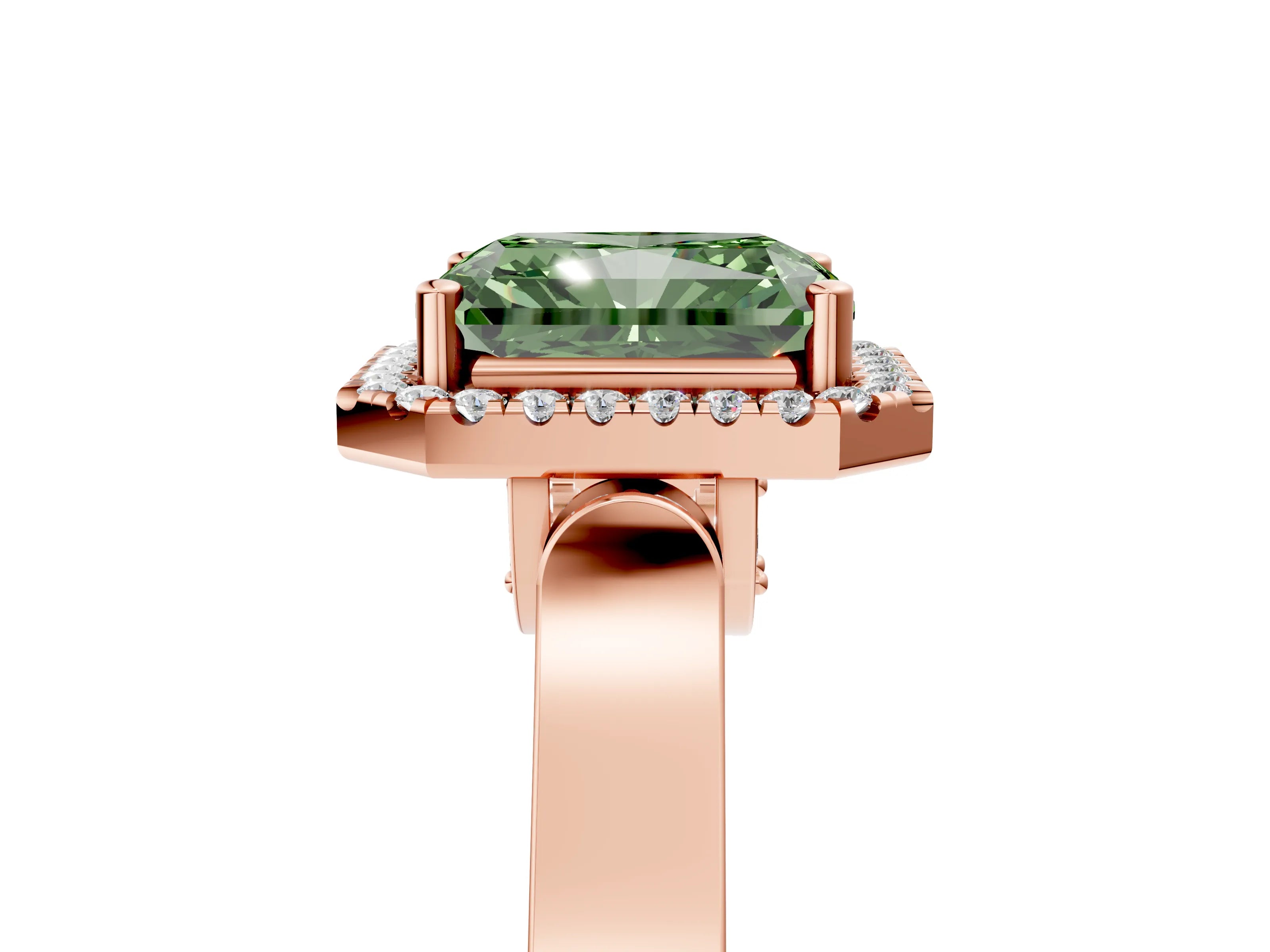 Rose gold Fancy Green Radiant Cut Halo Round Diamond Twist Band with Four-Prong Setting_5