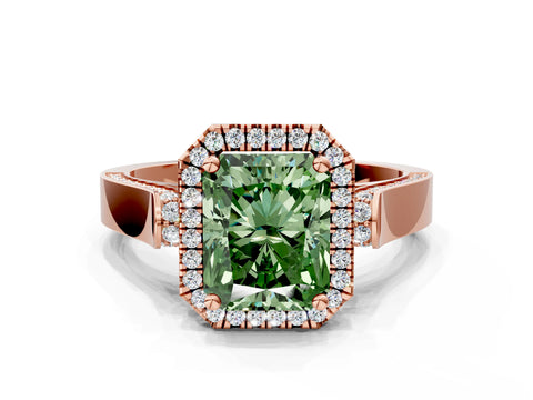 Rose gold Fancy Green Radiant Cut Halo Round Diamond Twist Band with Four-Prong Setting