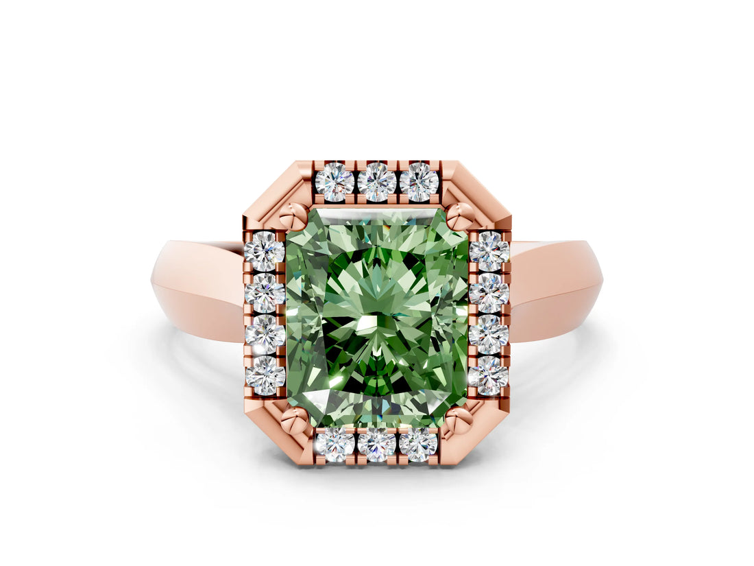 Rose gold Fancy Green Radiant  Cut Halo Solitaire Engagement Ring with Square Band and Four-Prong Setting_12