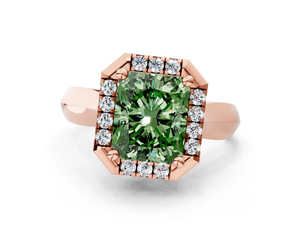 Rose gold Fancy Green Radiant  Cut Halo Solitaire Engagement Ring with Square Band and Four-Prong Setting