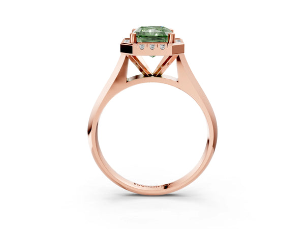 Rose gold Fancy Green Radiant  Cut Halo Solitaire Engagement Ring with Square Band and Four-Prong Setting