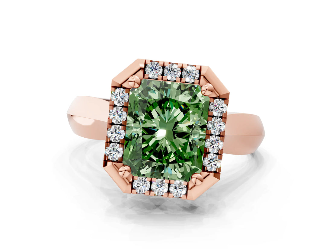 Rose gold Fancy Green Radiant  Cut Halo Solitaire Engagement Ring with Square Band and Four-Prong Setting_268