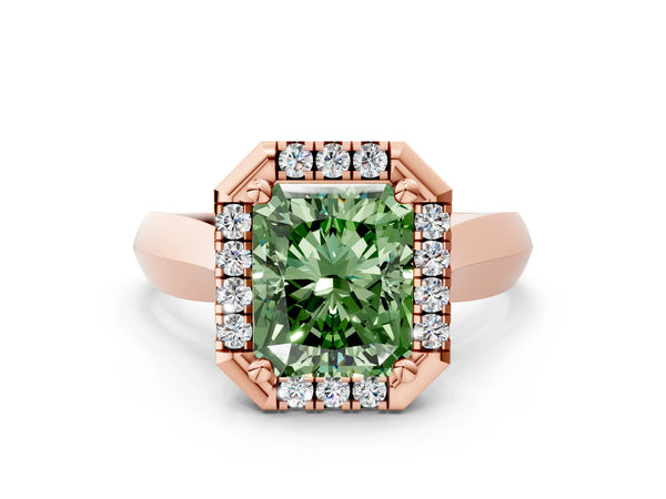 Rose gold Fancy Green Radiant  Cut Halo Solitaire Engagement Ring with Square Band and Four-Prong Setting