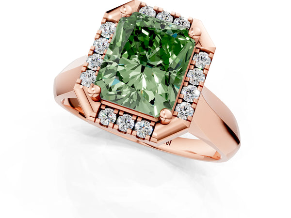 Rose gold Fancy Green Radiant  Cut Halo Solitaire Engagement Ring with Square Band and Four-Prong Setting