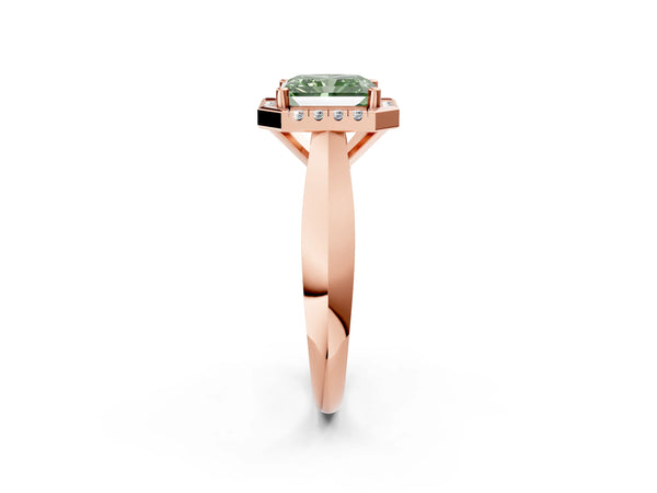 Rose gold Fancy Green Radiant  Cut Halo Solitaire Engagement Ring with Square Band and Four-Prong Setting