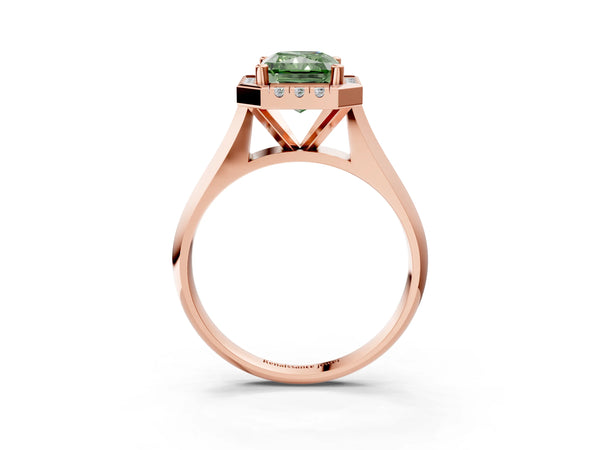 Rose gold Fancy Green Radiant  Cut Halo Solitaire Engagement Ring with Square Band and Four-Prong Setting