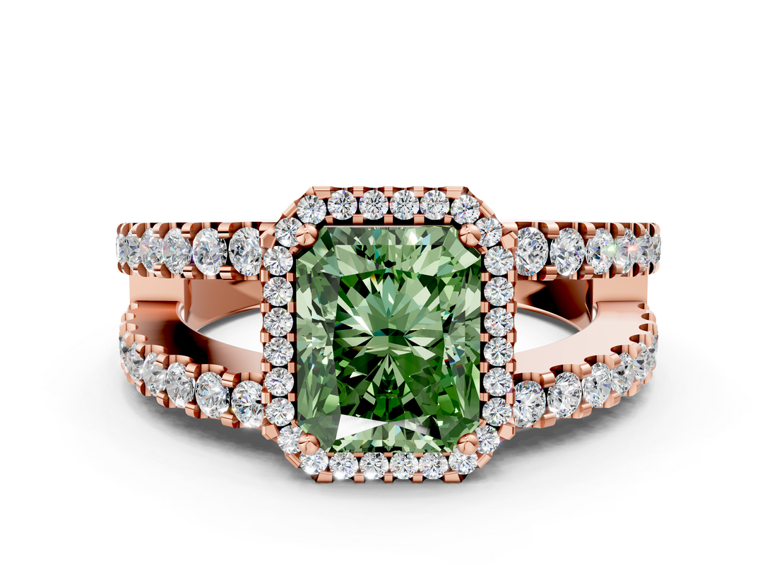 Rose gold Fancy Green Radiant  Cut Halo Split Shank Diamond Ring with Four-Prong Setting_45