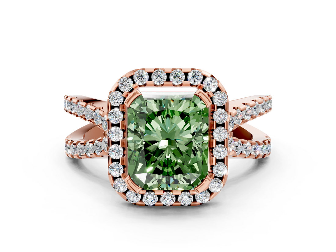 Rose gold Fancy Green Radiant  Cut Halo Split Shank Pave Set Ring_62