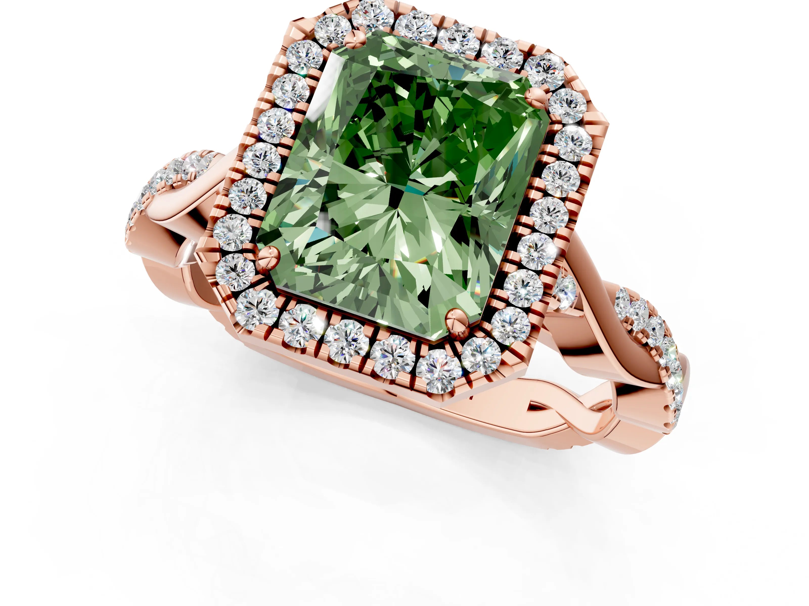Rose gold Fancy Green Radiant Cut Halo Twist Band with Four-Prong Setting_1