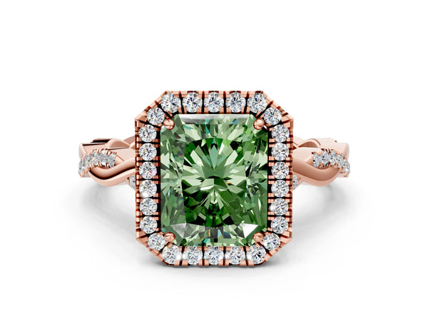 Rose Gold Radiant Cut Interwoven Twist Halo Engagement Ring Setting for Fancy Green Center