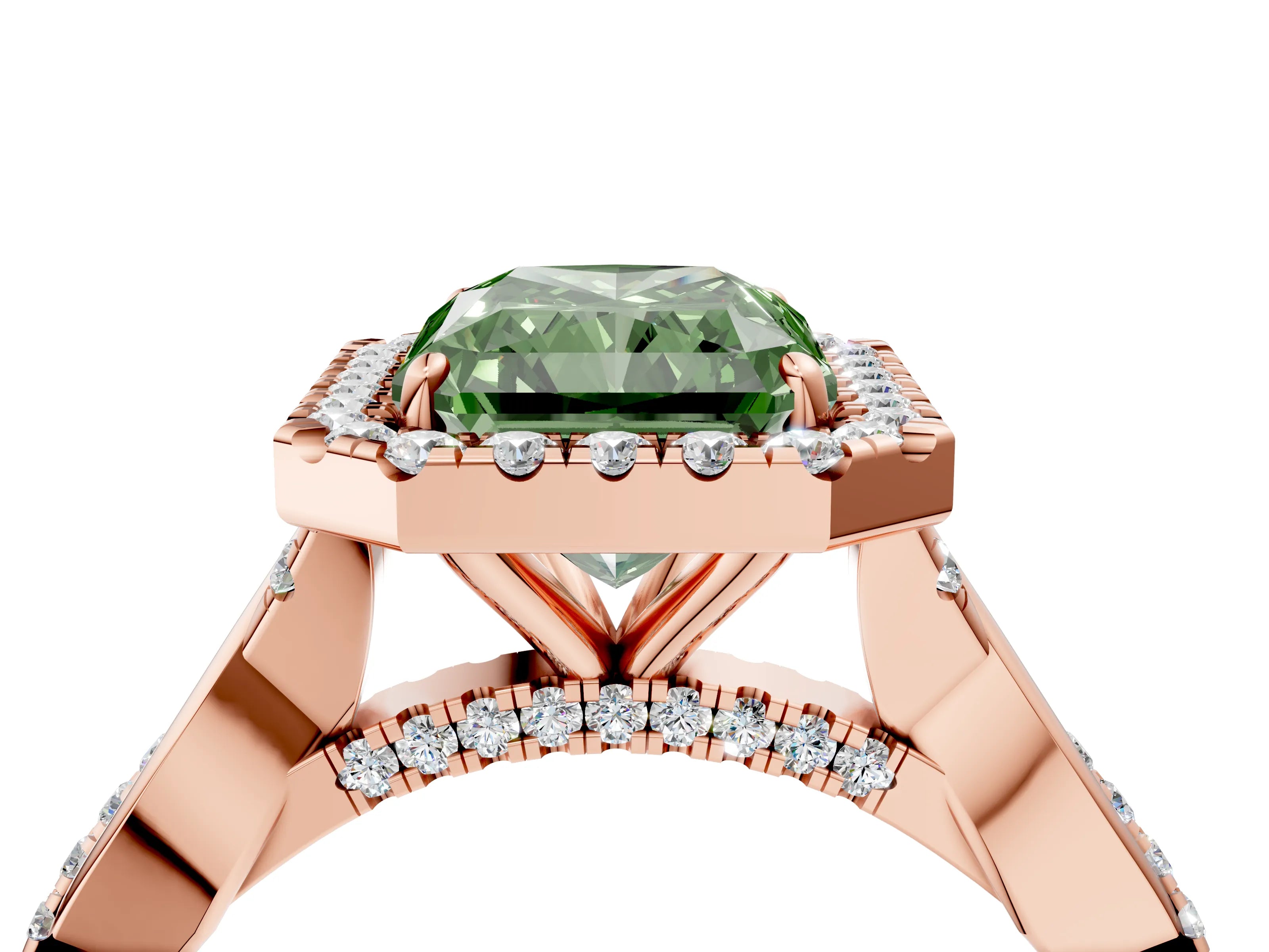 Rose gold Fancy Green Radiant Cut Halo Twist Band with Four-Prong Setting_16