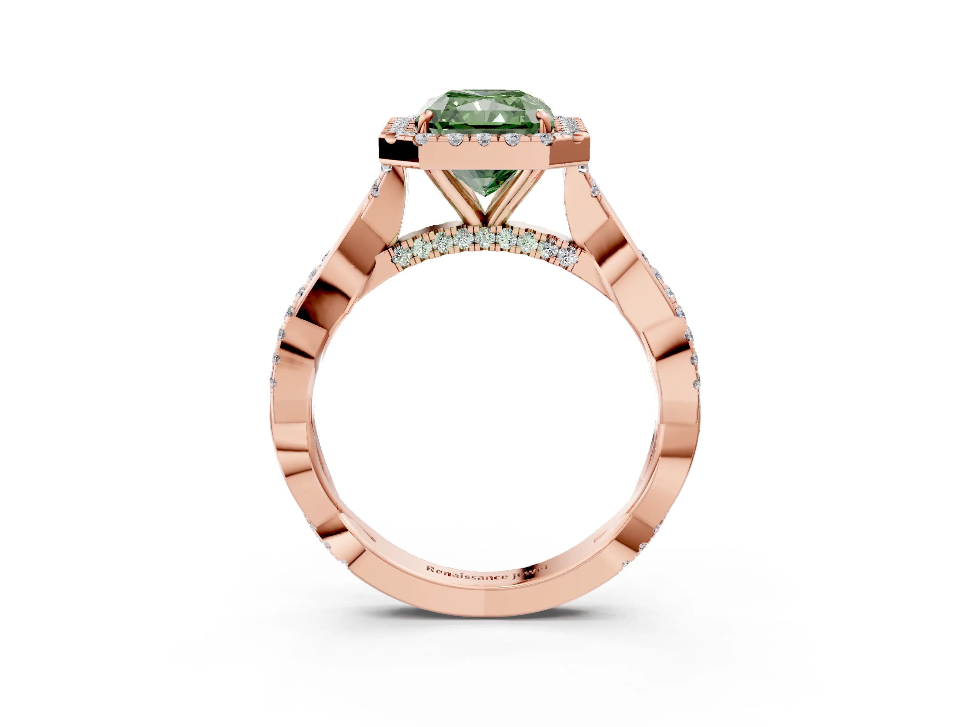 Rose gold Fancy Green Radiant Cut Halo Twist Band with Four-Prong Setting_3