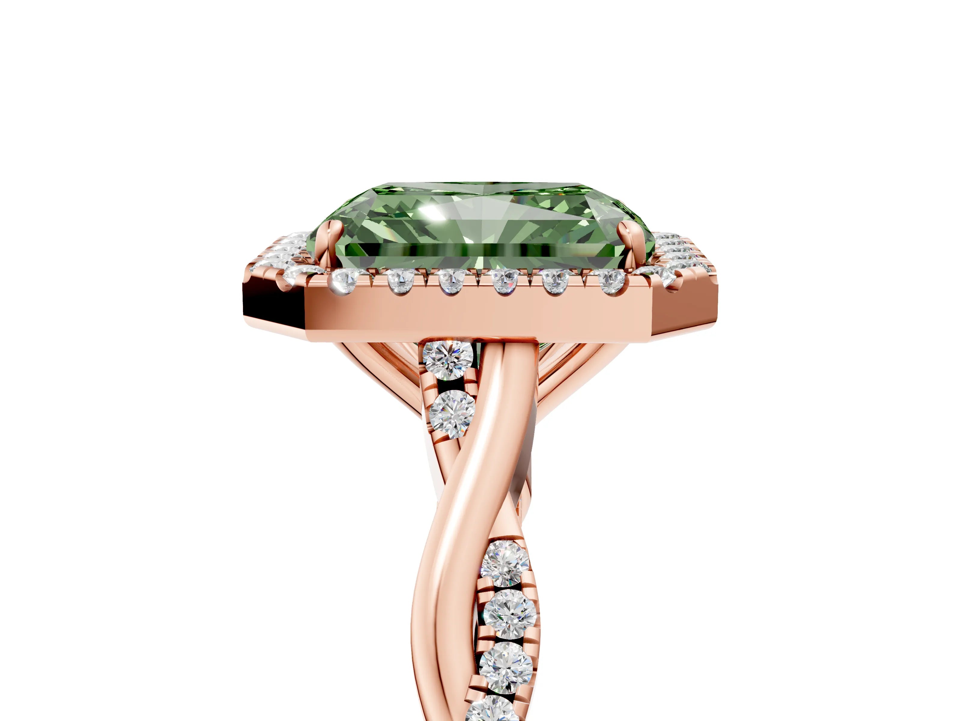 Rose gold Fancy Green Radiant Cut Halo Twist Band with Four-Prong Setting_5