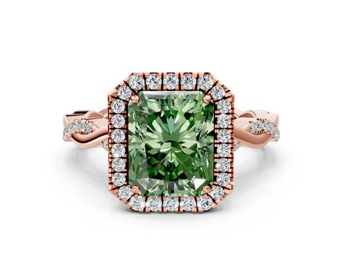 Rose gold Fancy Green Radiant Cut Halo Twist Band with Four-Prong Setting
