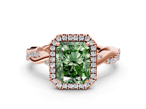 Rose gold Fancy Green Radiant  Cut Halo Twisted Band Four-Prong Ring