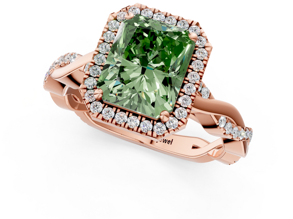 Rose gold Fancy Green Radiant  Cut Halo Twisted Band Four-Prong Ring
