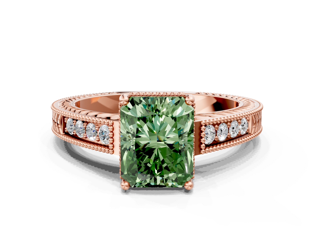 Rose gold Fancy Green Radiant  Cut Milgrain Channel Set Engagement Ring with Solitaire Prong Setting_66
