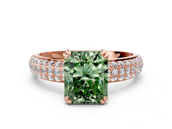 Rose gold Fancy Green Radiant  Cut Pave Diamond Engagement Ring with Channel Set Band and Four-Prong Setting