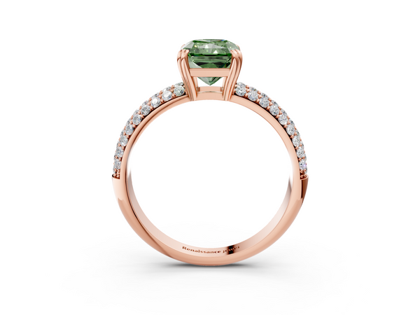 Rose gold Fancy Green Radiant  Cut Pave Diamond Engagement Ring with Channel Set Band and Four-Prong Setting