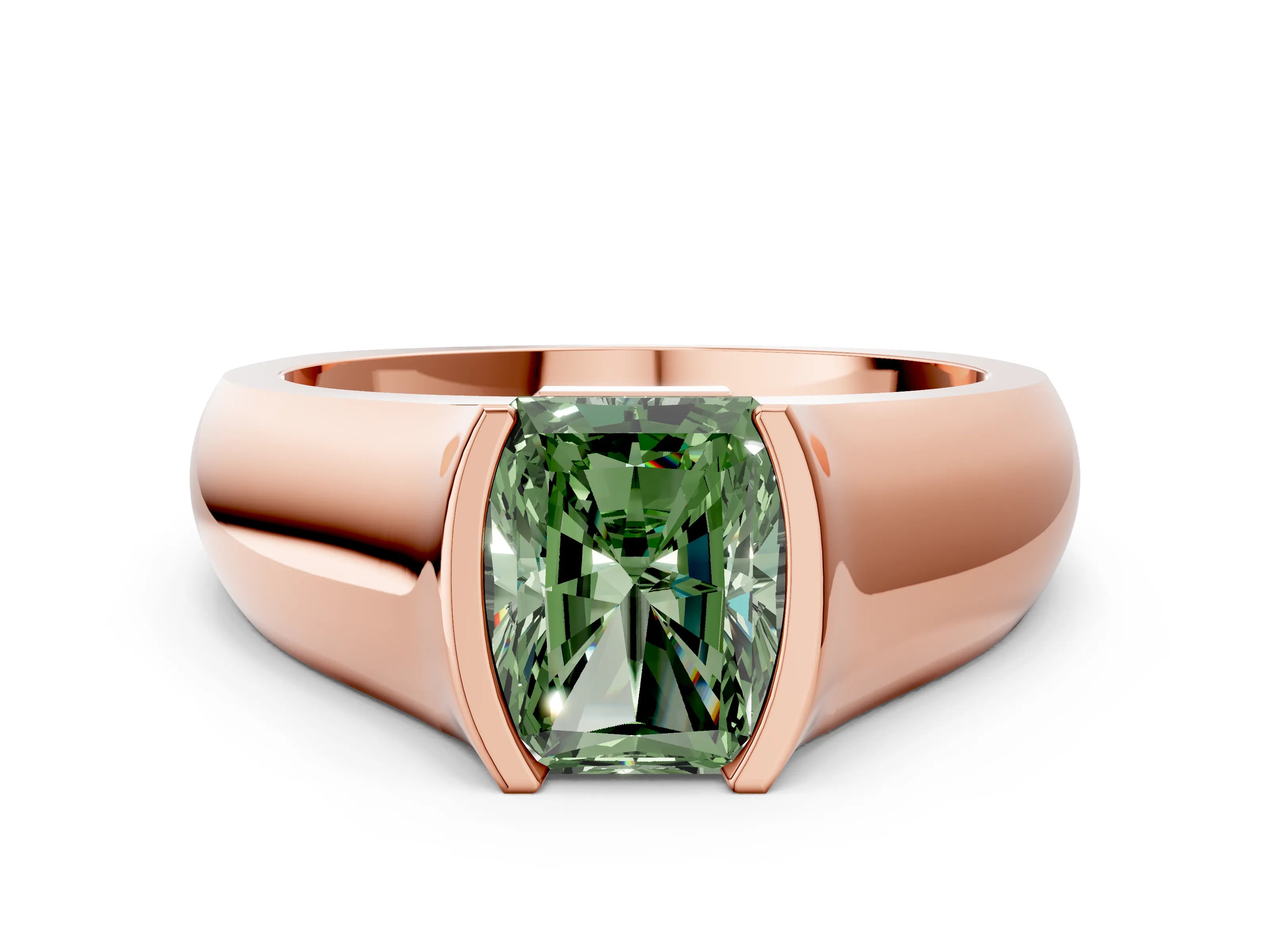 Rose gold Fancy Green Radiant Cut Solitaire Bezel Set Diamond Ring with Wide Band