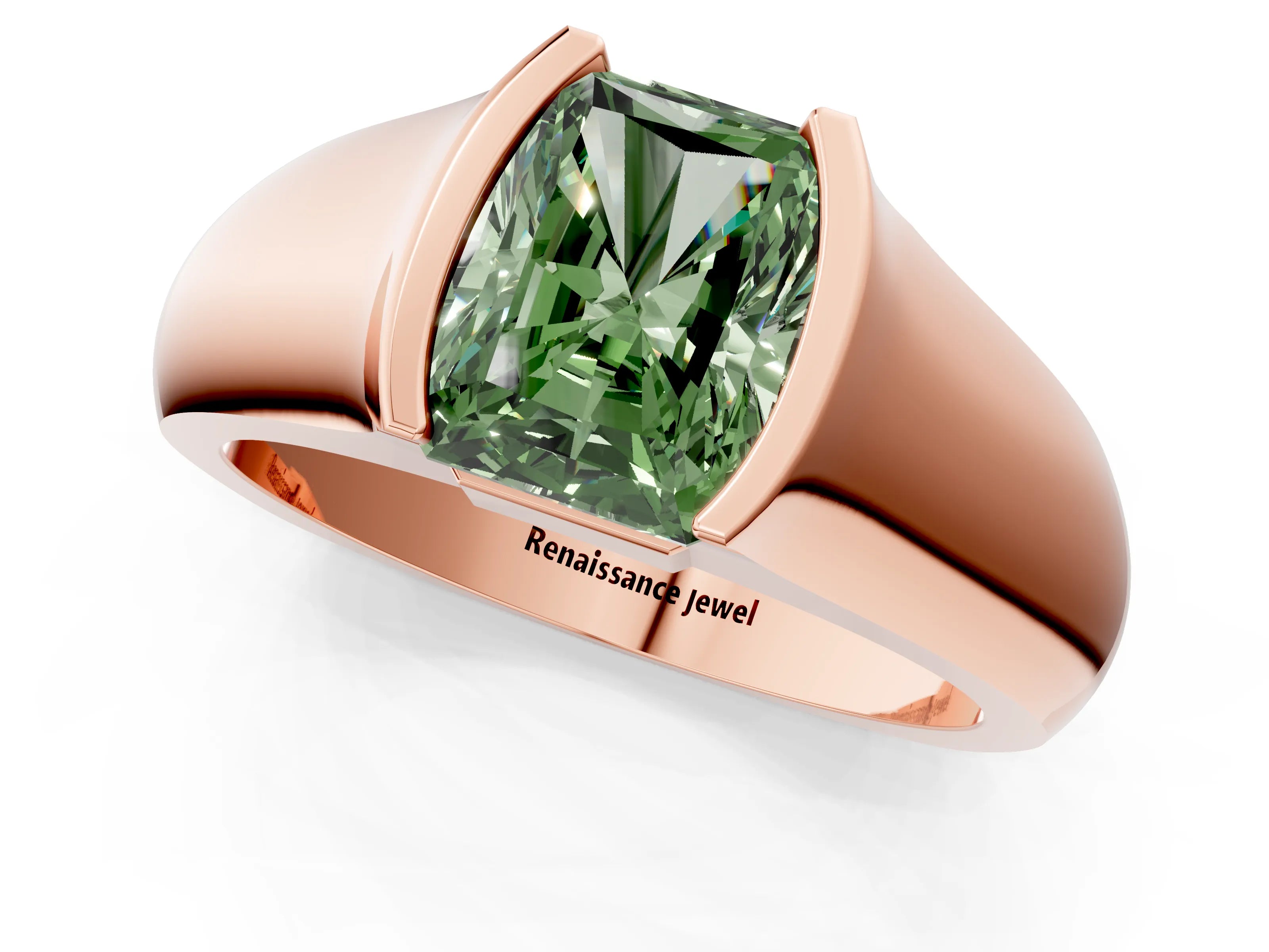 Rose gold Fancy Green Radiant Cut Solitaire Bezel Set Diamond Ring with Wide Band_1