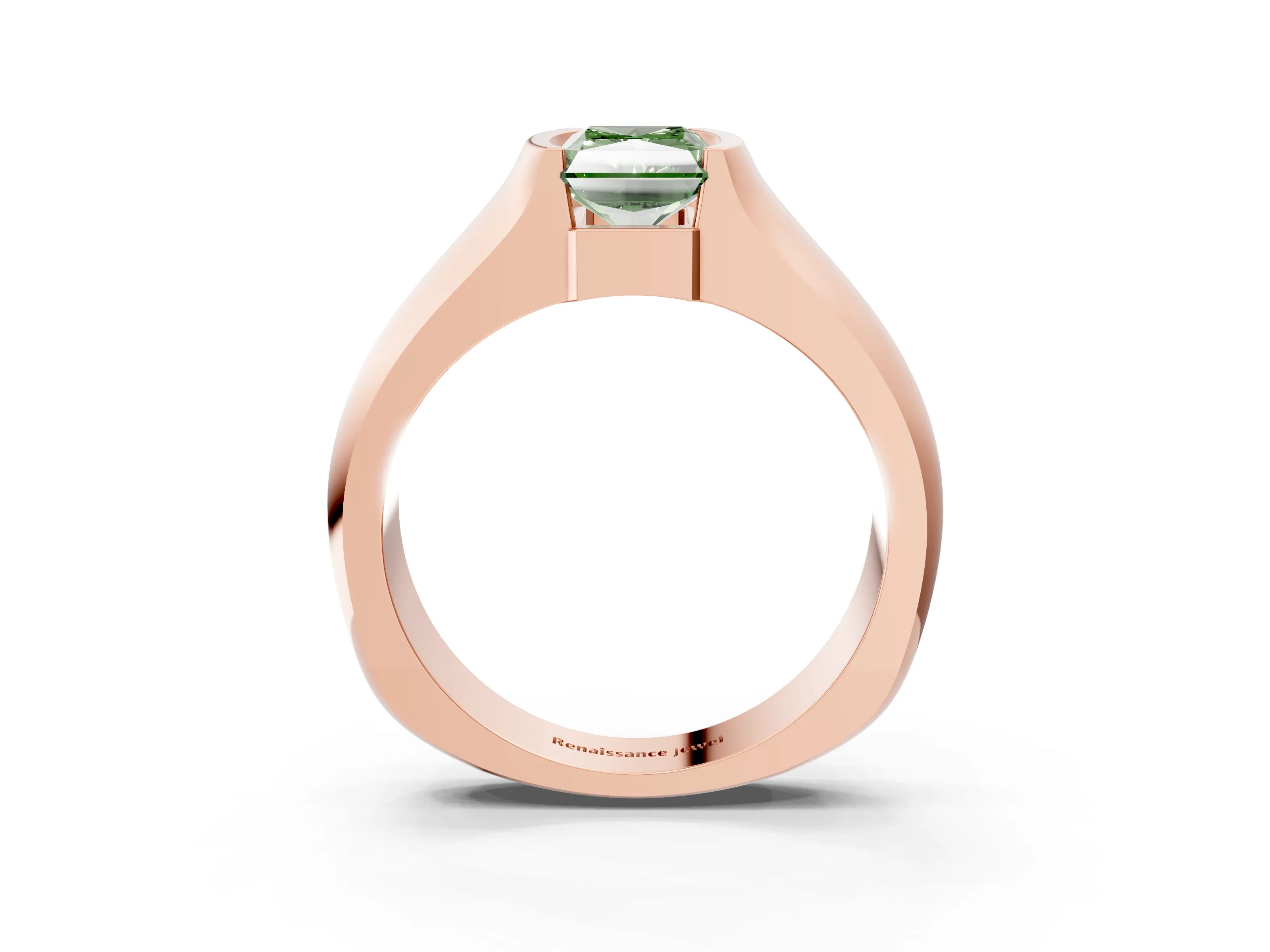 Rose gold Fancy Green Radiant Cut Solitaire Bezel Set Diamond Ring with Wide Band_3