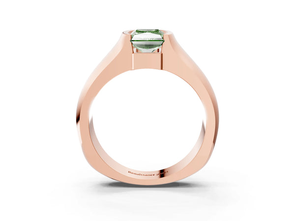 Rose gold Fancy Green Radiant Cut Solitaire Bezel Set Diamond Ring with Wide Band