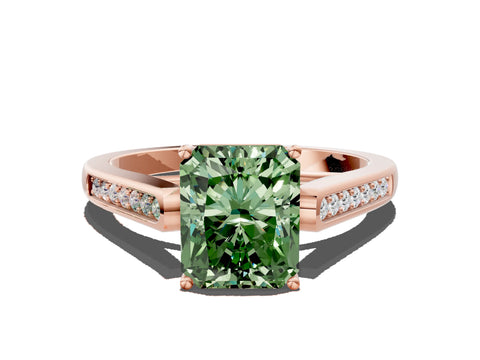 Rose gold Fancy Green Radiant Cut Solitaire Cathedral Diamond Engagement Ring with Channel-Set Band and Four-Prong Setting_3