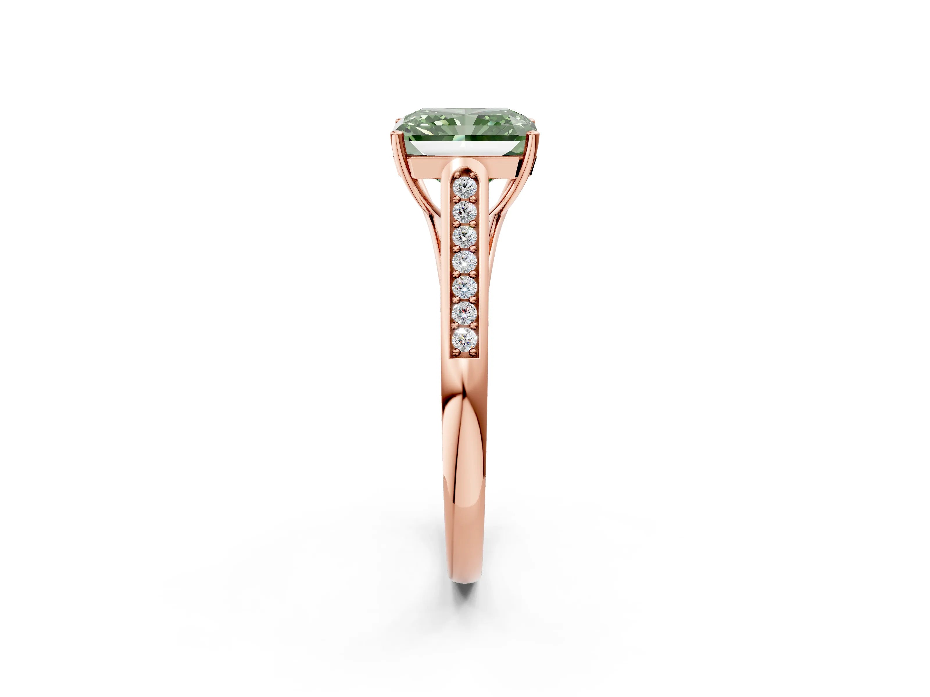 Rose gold Fancy Green Radiant Cut Solitaire Cathedral Diamond Engagement Ring with Channel-Set Band and Four-Prong Setting_5