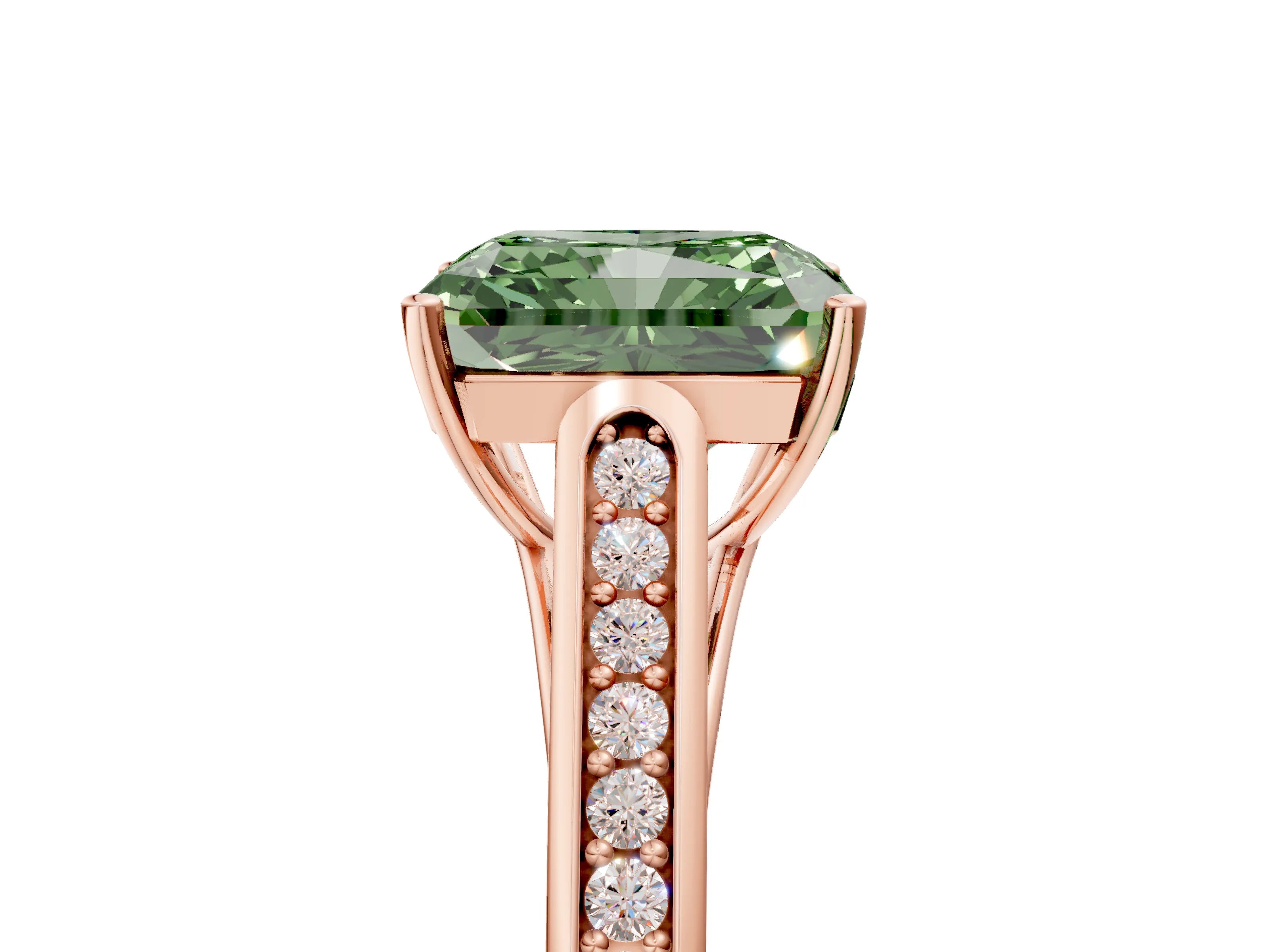 Rose gold Fancy Green Radiant Cut Solitaire Cathedral Diamond Engagement Ring with Channel-Set Band and Four-Prong Setting_8