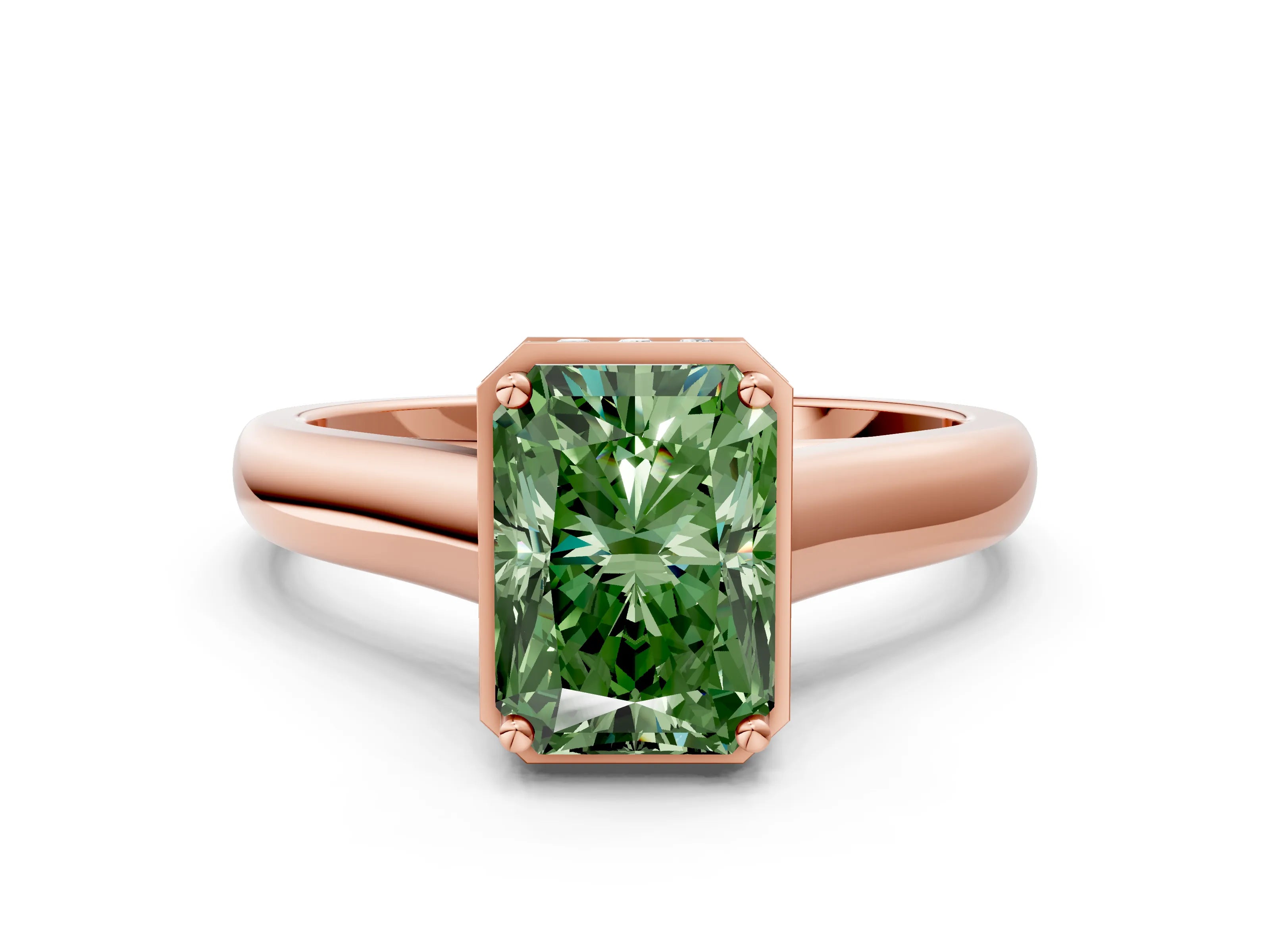 Rose gold Fancy Green Radiant Cut Solitaire Diamond Engagement Ring with Four-Prong Setting and Tapered Band