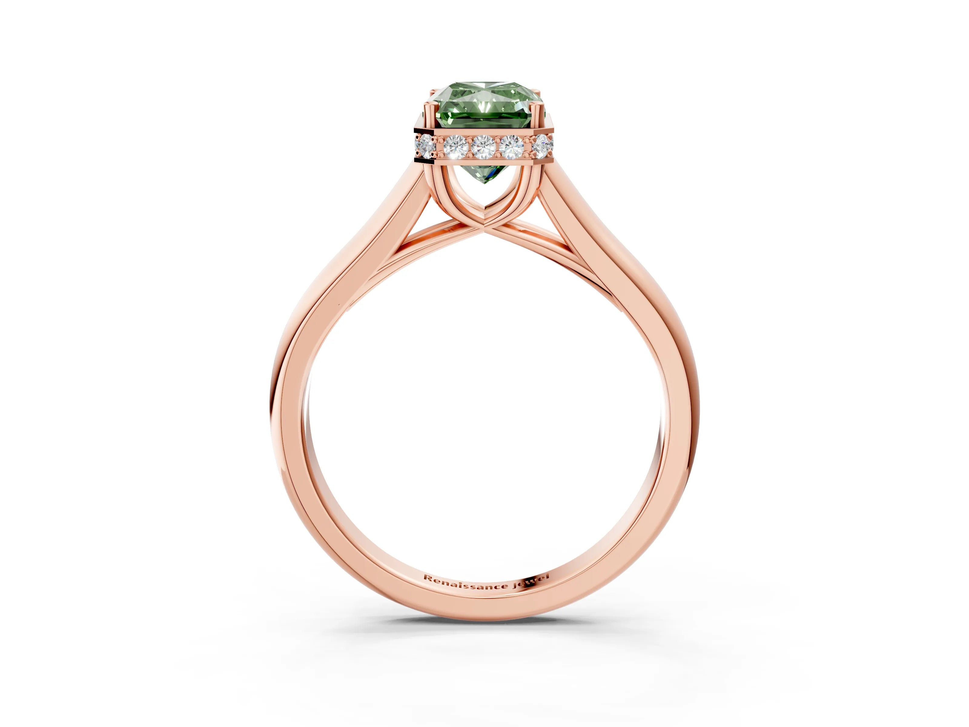 Rose gold Fancy Green Radiant Cut Solitaire Diamond Engagement Ring with Four-Prong Setting and Tapered Band_3