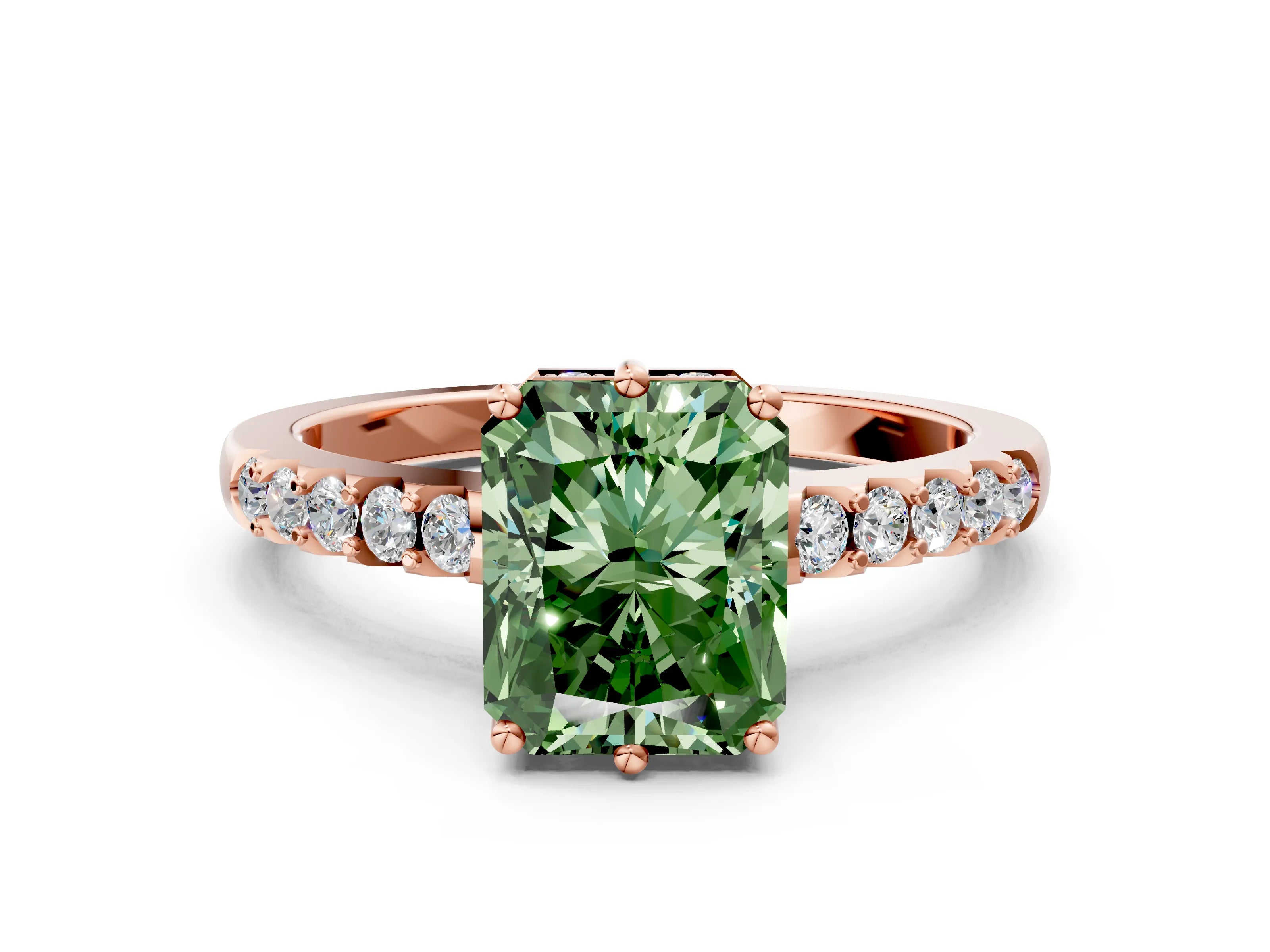 Rose gold Fancy Green Radiant Cut Solitaire Diamond Engagement Ring with Pavé Band and Six-Prong Setting_12