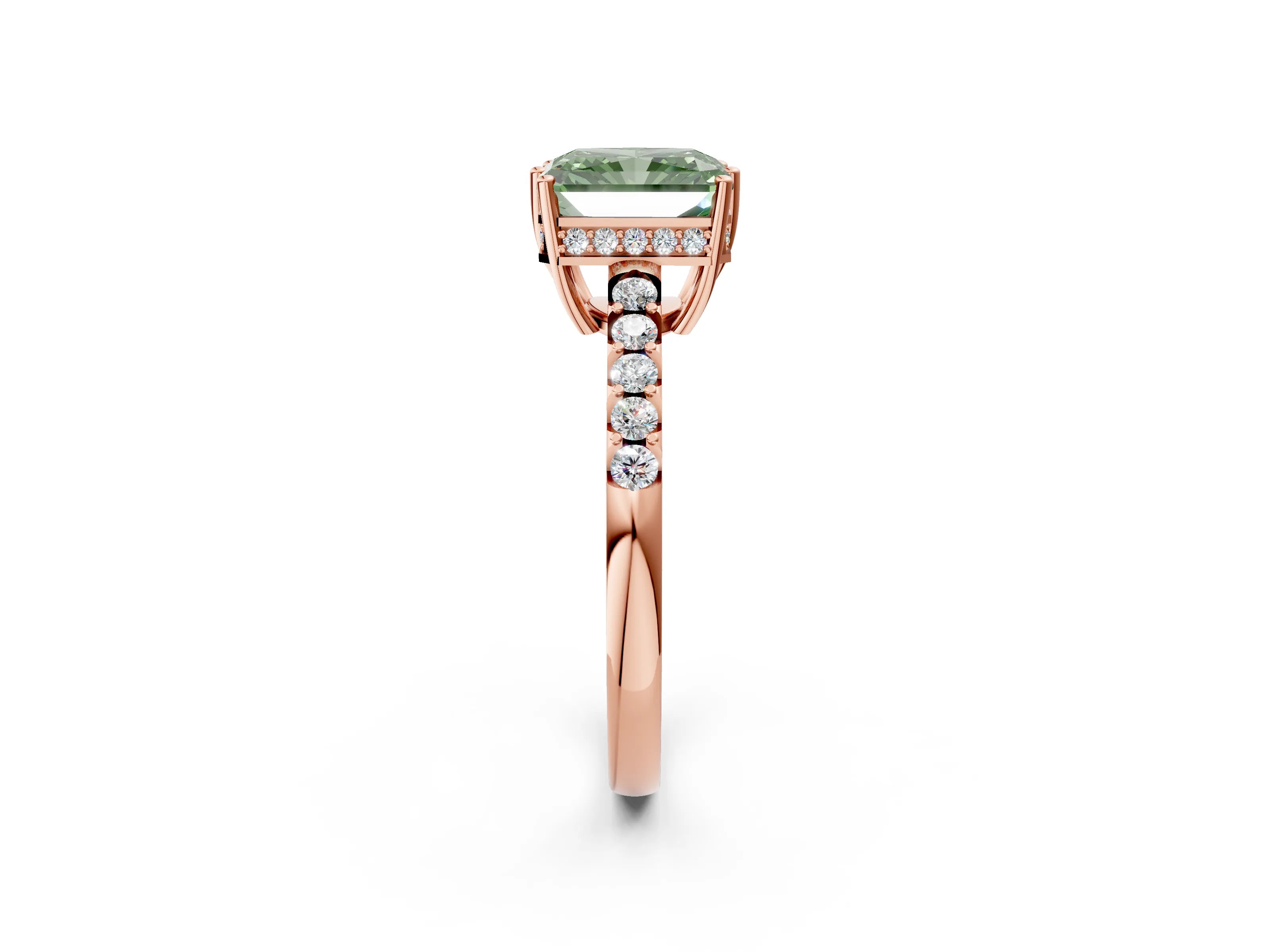 Rose gold Fancy Green Radiant Cut Solitaire Diamond Engagement Ring with Pavé Band and Six-Prong Setting_14