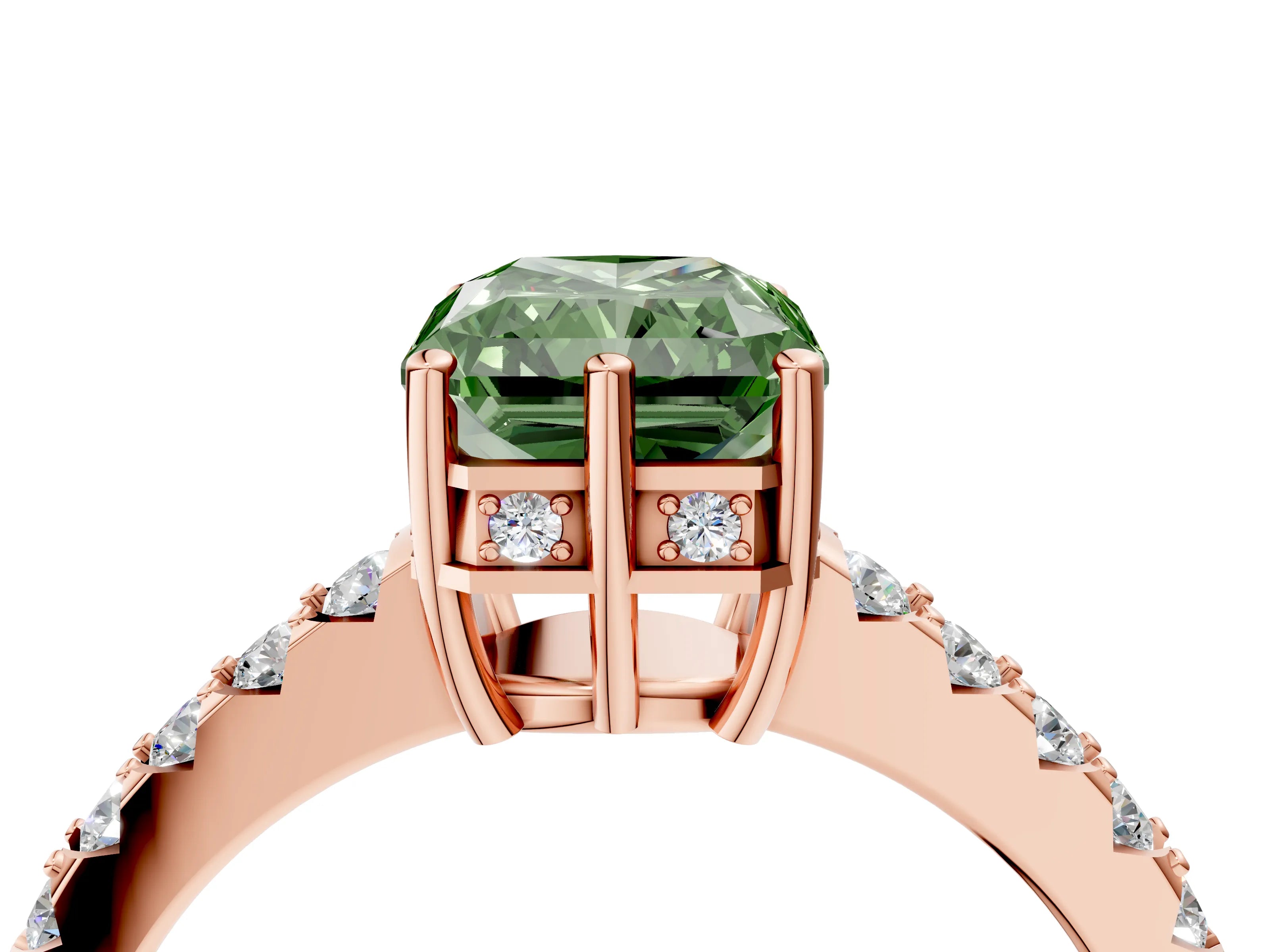 Rose gold Fancy Green Radiant Cut Solitaire Diamond Engagement Ring with Pavé Band and Six-Prong Setting_16