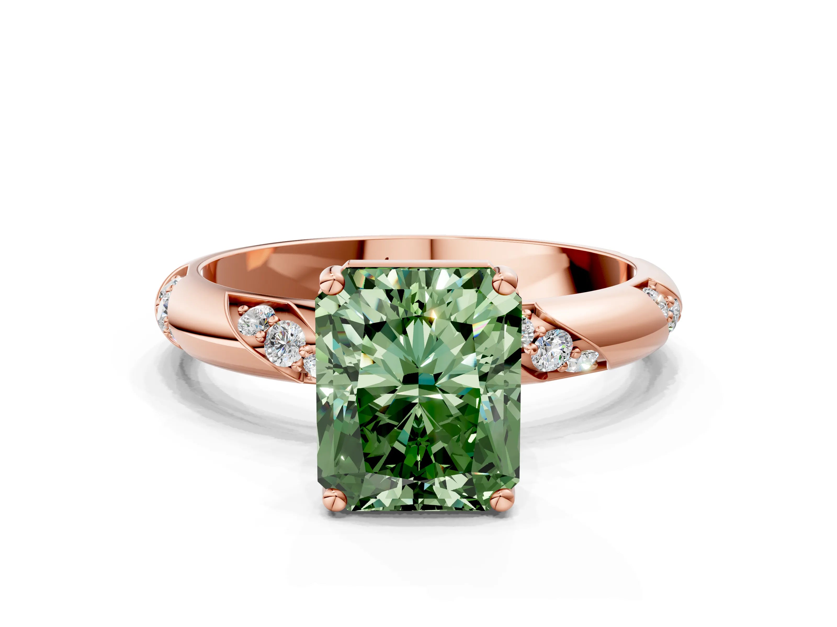 Rose gold Fancy Green Radiant Cut Solitaire Diamond Engagement Ring with Twisted Pave Band and Four-Prong Setting_3