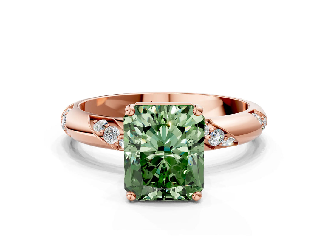 Rose gold Fancy Green Radiant Cut Solitaire Diamond Engagement Ring with Twisted Pave Band and Four-Prong Setting_3