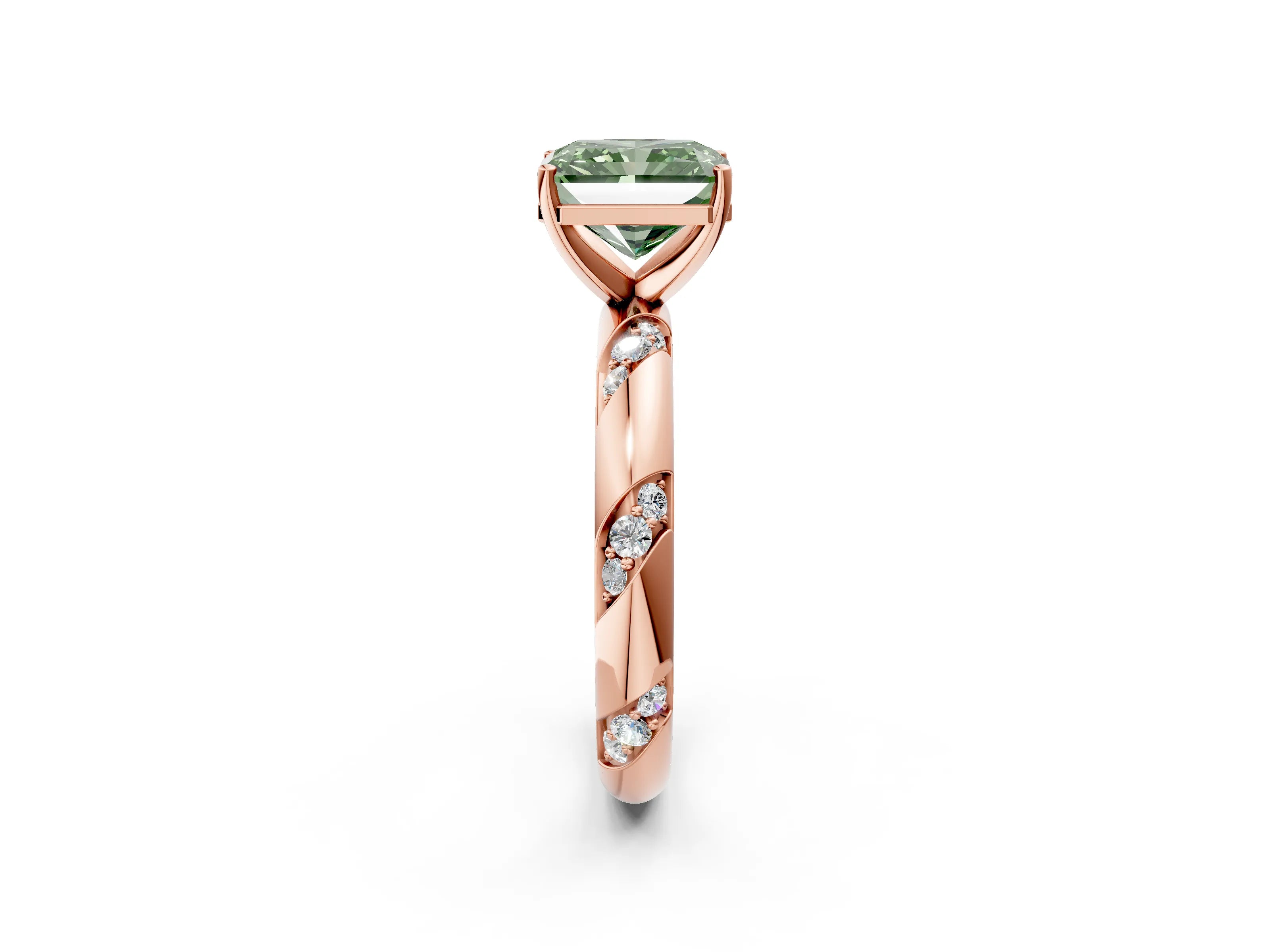 Rose gold Fancy Green Radiant Cut Solitaire Diamond Engagement Ring with Twisted Pave Band and Four-Prong Setting_5