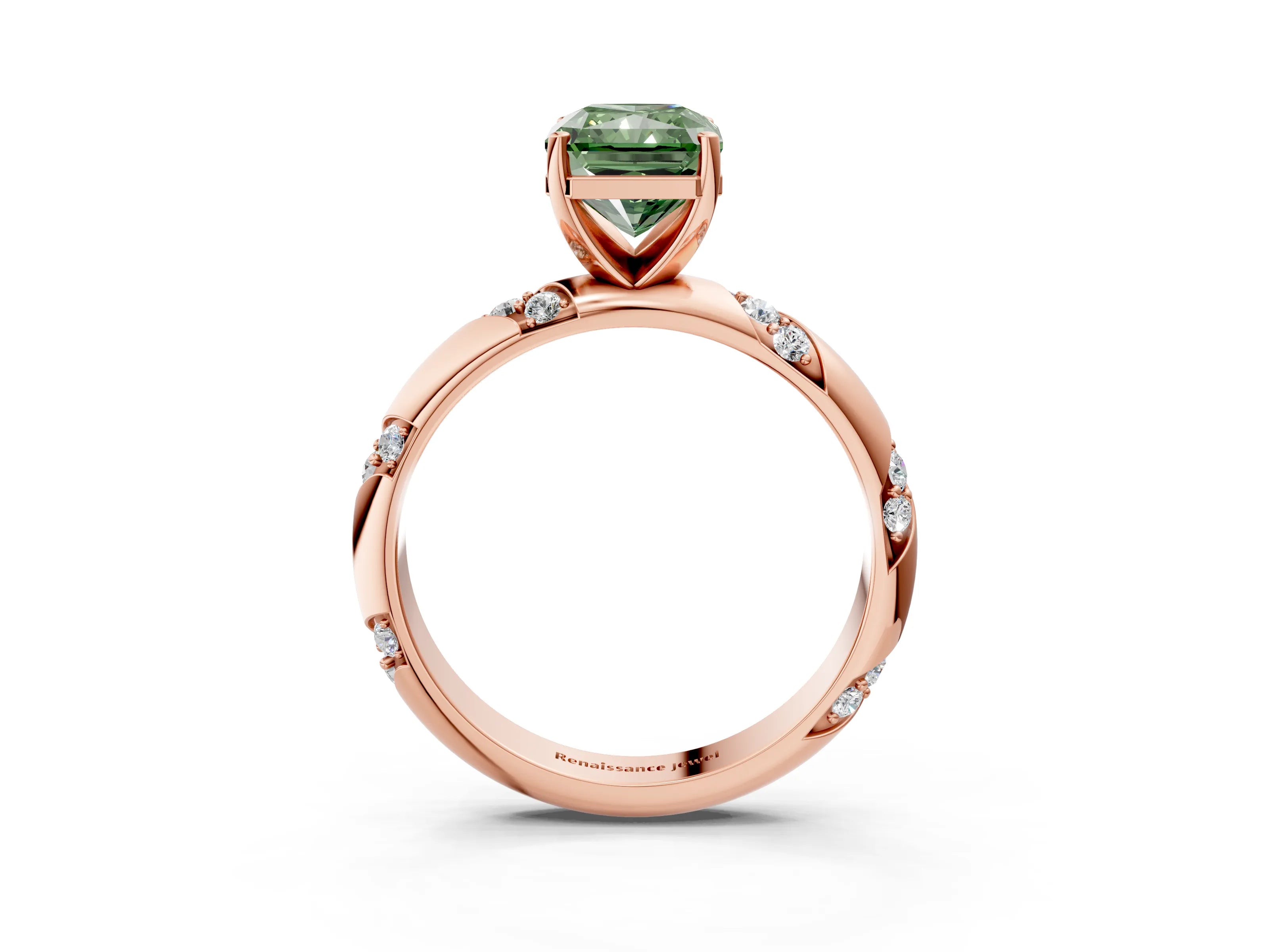 Rose gold Fancy Green Radiant Cut Solitaire Diamond Engagement Ring with Twisted Pave Band and Four-Prong Setting_6
