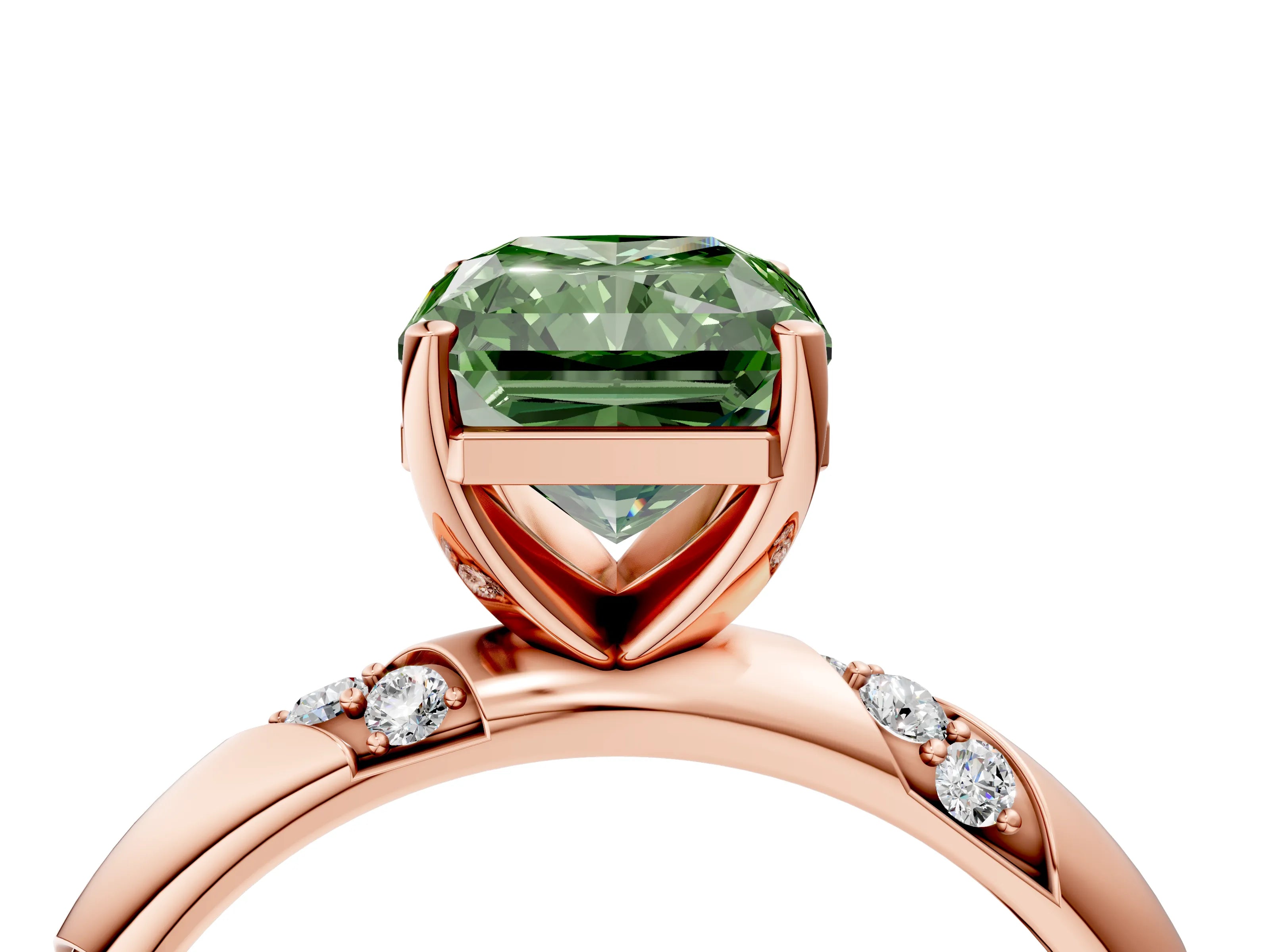 Rose gold Fancy Green Radiant Cut Solitaire Diamond Engagement Ring with Twisted Pave Band and Four-Prong Setting_7
