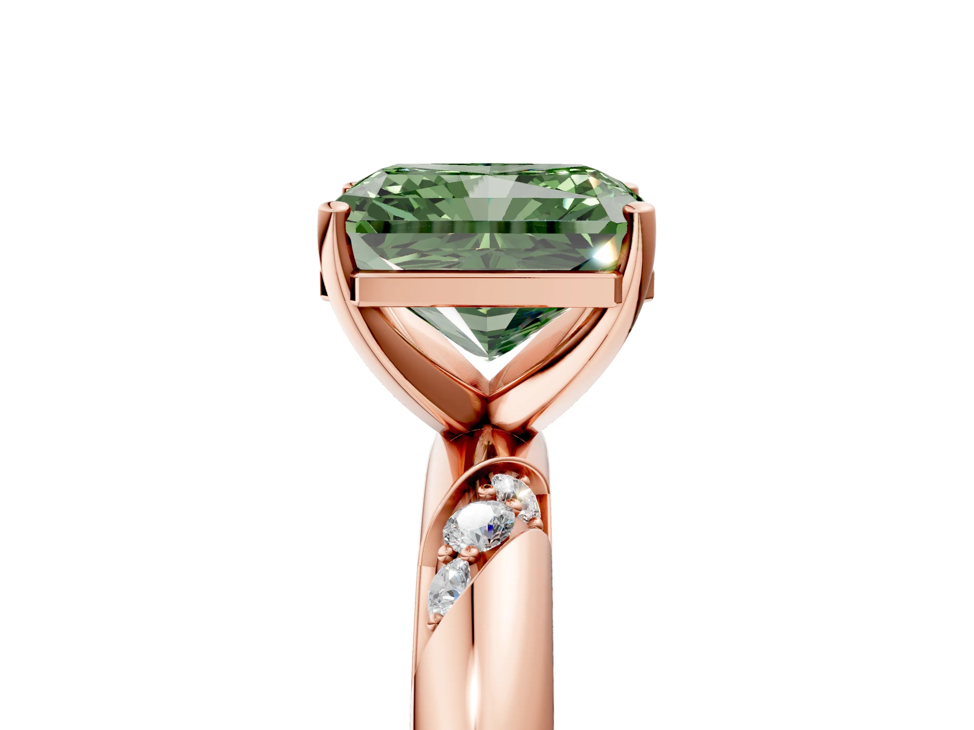 Rose gold Fancy Green Radiant Cut Solitaire Diamond Engagement Ring with Twisted Pave Band and Four-Prong Setting_8