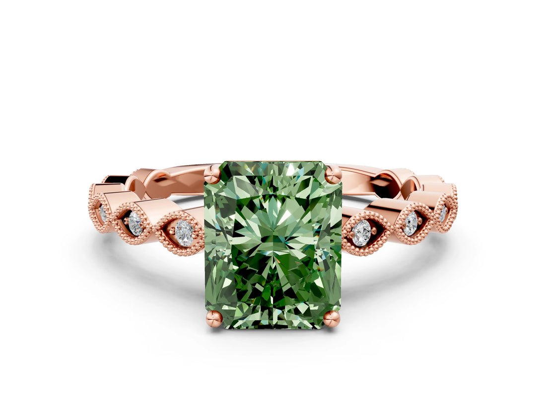 Rose gold Fancy Green Radiant Cut Solitaire Diamond Ring with Infinity Twist Band and Four-Prong Setting