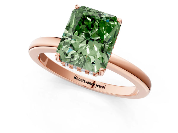 Rose gold Fancy Green Radiant Cut Solitaire Diamond Ring with Prong Setting and Plain Band