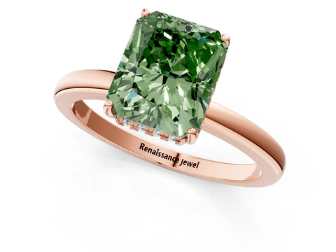 Rose gold Fancy Green Radiant Cut Solitaire Diamond Ring with Prong Setting and Plain Band_1