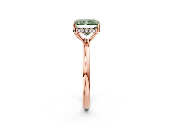 Rose gold Fancy Green Radiant Cut Solitaire Diamond Ring with Prong Setting and Plain Band