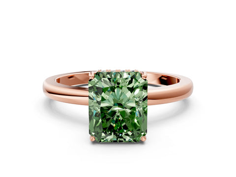 Rose gold Fancy Green Radiant Cut Solitaire Diamond Ring with Prong Setting and Plain Band