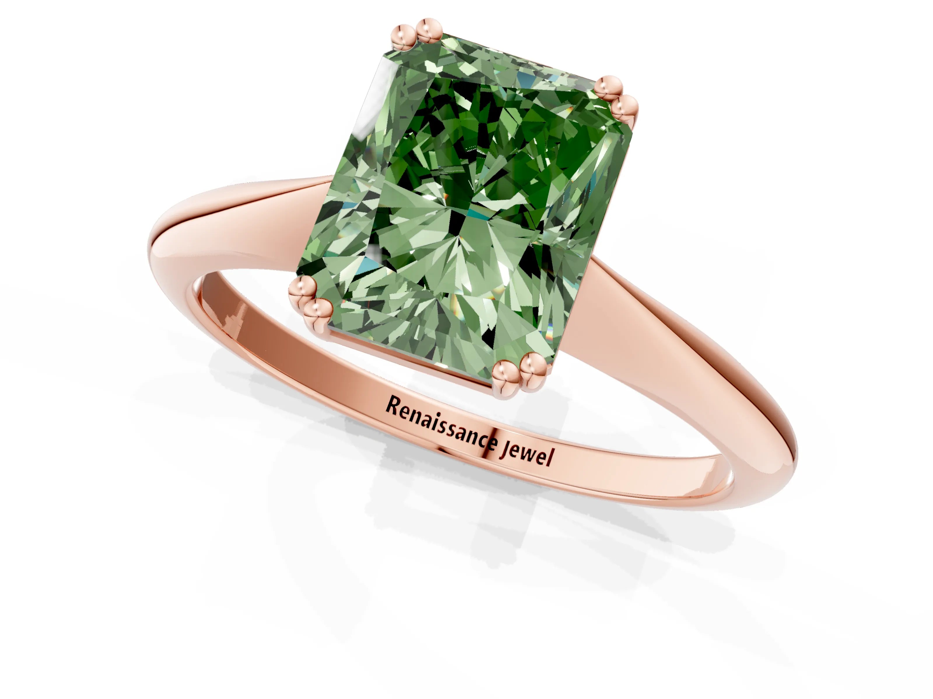 Rose gold Fancy Green Radiant Cut Solitaire Diamond Ring with Six-Prong Setting and Classic Band_1