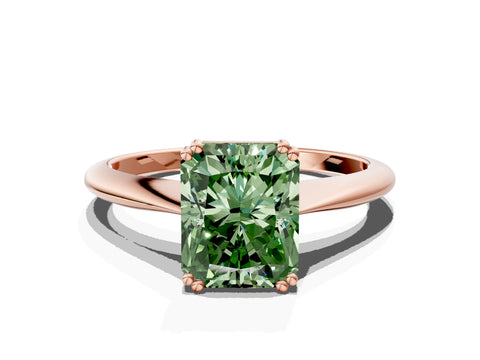Rose gold Fancy Green Radiant Cut Solitaire Diamond Ring with Six-Prong Setting and Classic Band