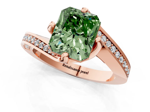 Rose gold Fancy Green Radiant Cut Solitaire Diamond Twist Band with Pavé Setting and Four-Prong Setting_1